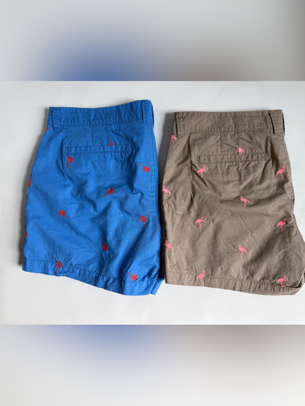 Lot of 2 Old Navy Women’s Shorts Size 12 Blue w/Palm Trees & Tan w/Flamingos